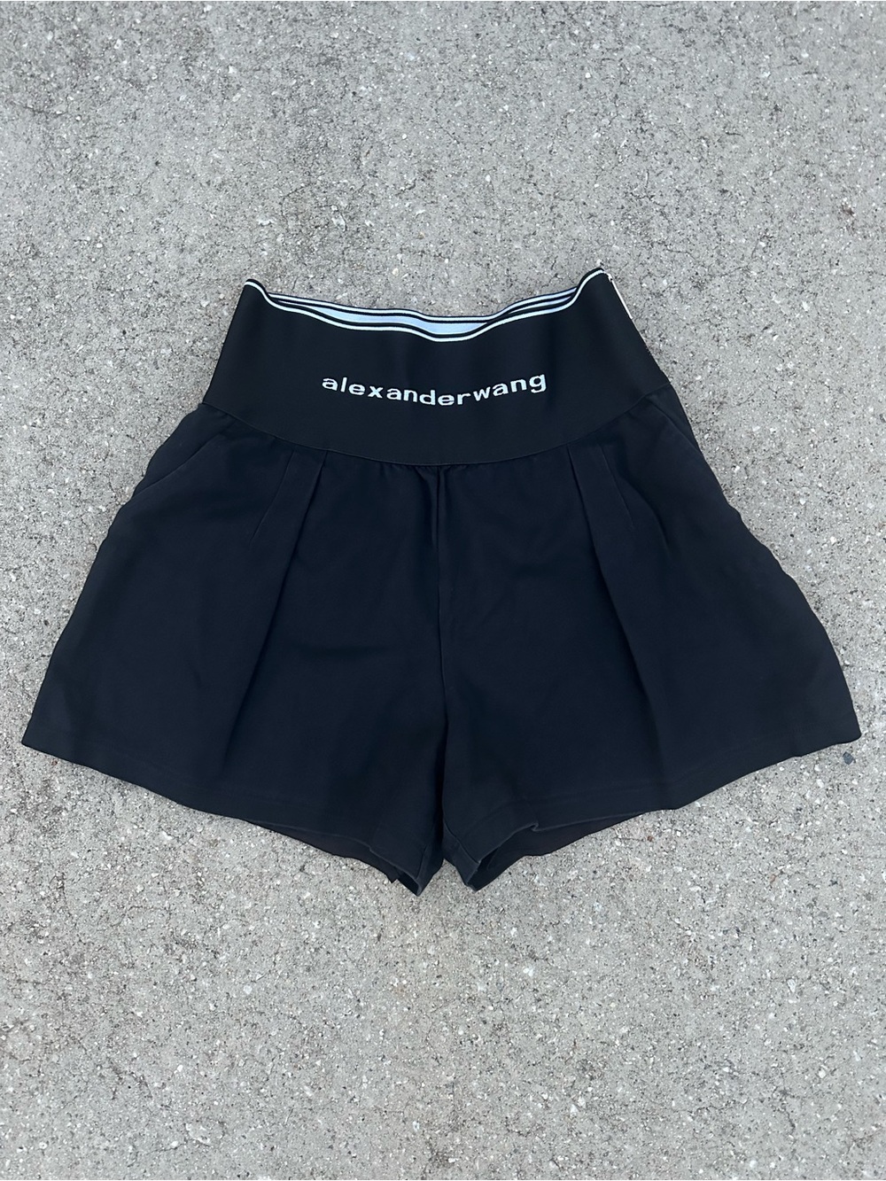 Alexander Wang Logo Black Elastic Zipper Waistband Pleated Shorts L Women's